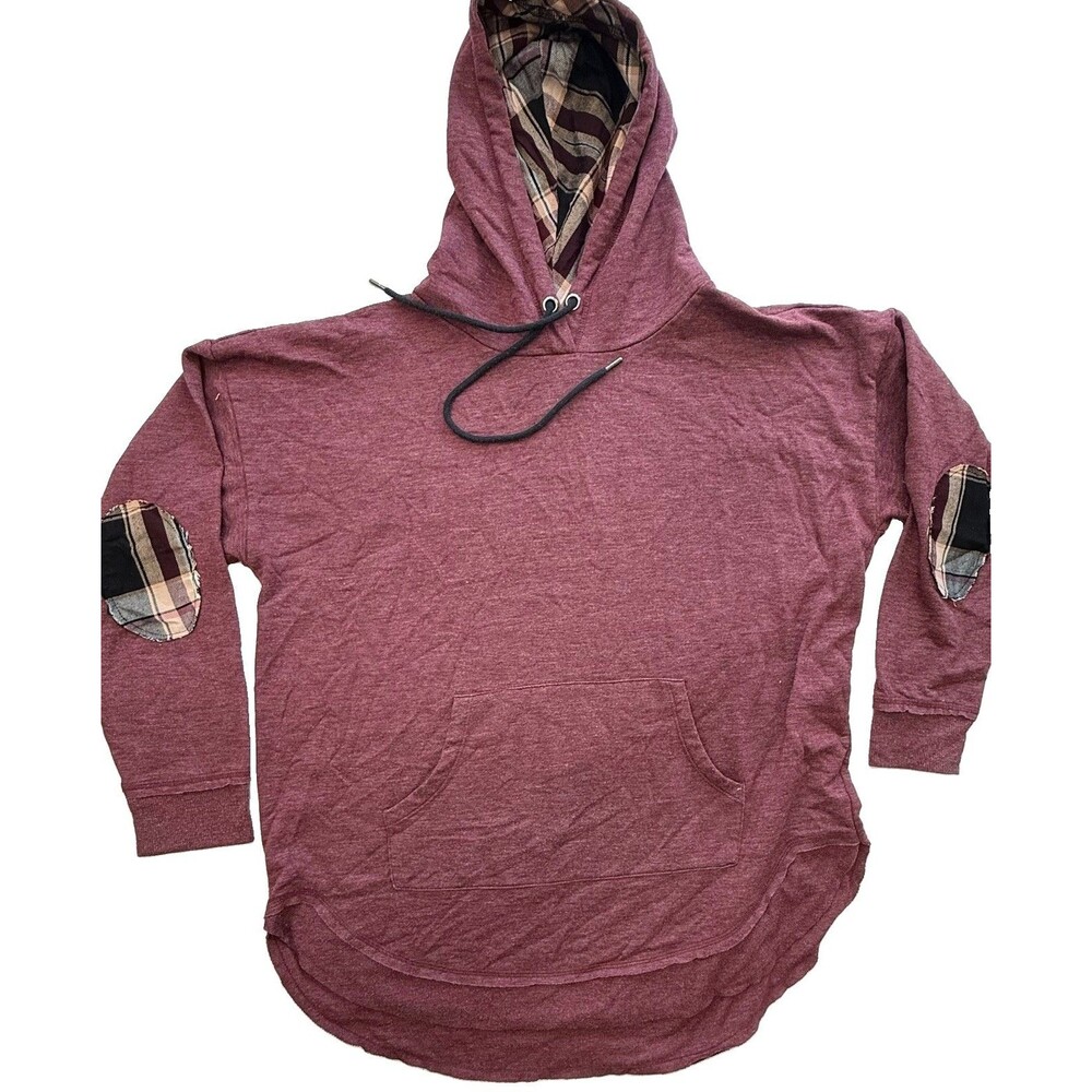 Maurices XL Burgundy Hoodie Plaid Lined Hood Elbow Patches Tunic Pullover